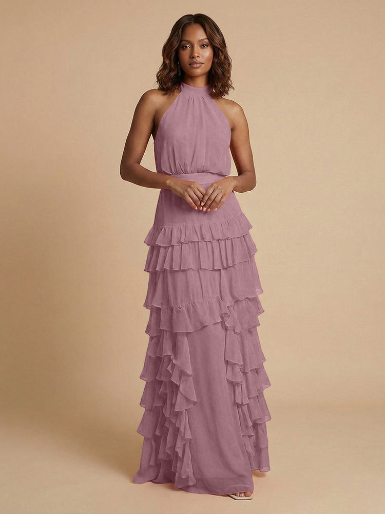 Chiffon A-Line Halter Long Bridesmaid Dresses with Ruffles