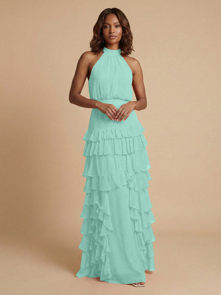 Chiffon A-Line Halter Long Bridesmaid Dresses with Ruffles
