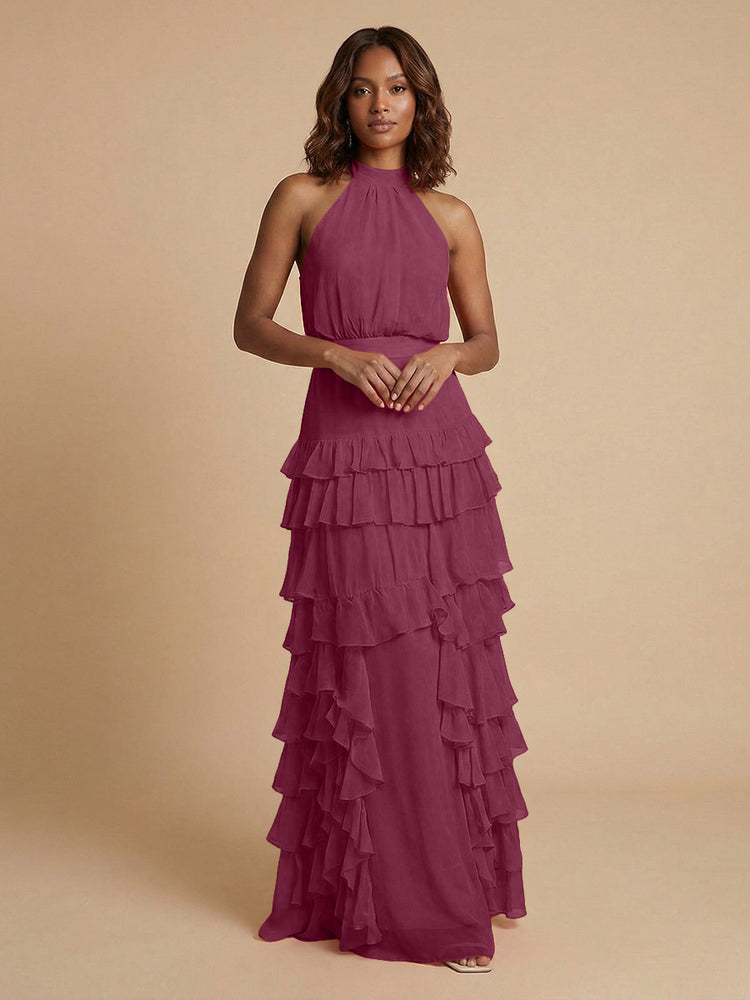 Chiffon A-Line Halter Long Bridesmaid Dresses with Ruffles