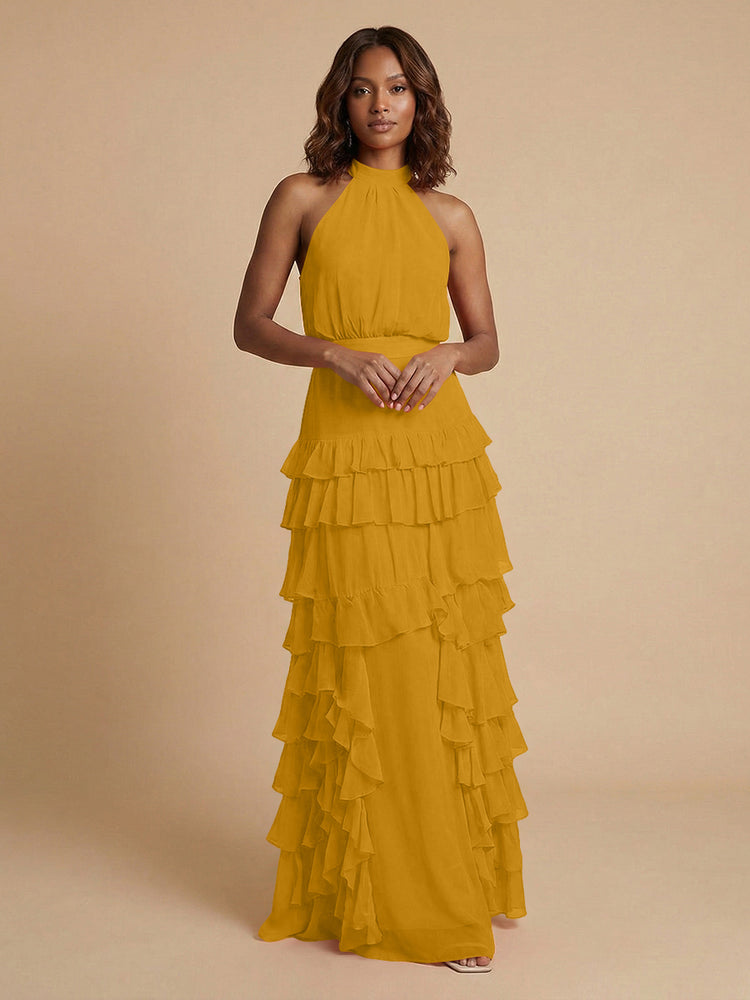 Chiffon A-Line Halter Long Bridesmaid Dresses with Ruffles