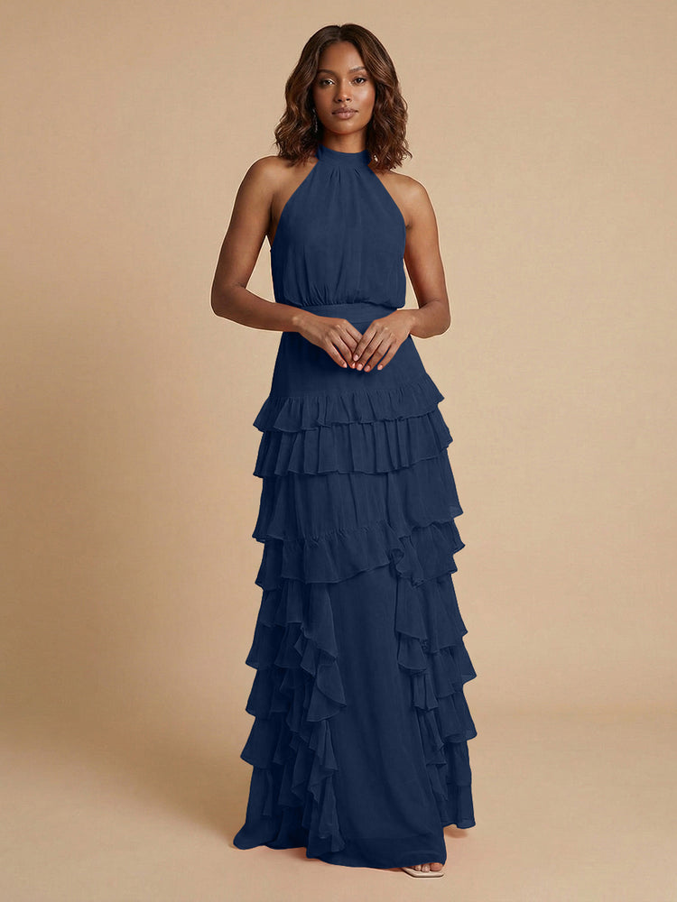 Chiffon A-Line Halter Long Bridesmaid Dresses with Ruffles