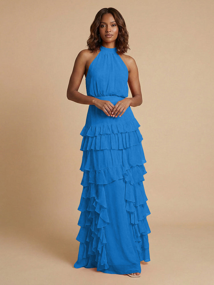 Chiffon A-Line Halter Long Bridesmaid Dresses with Ruffles