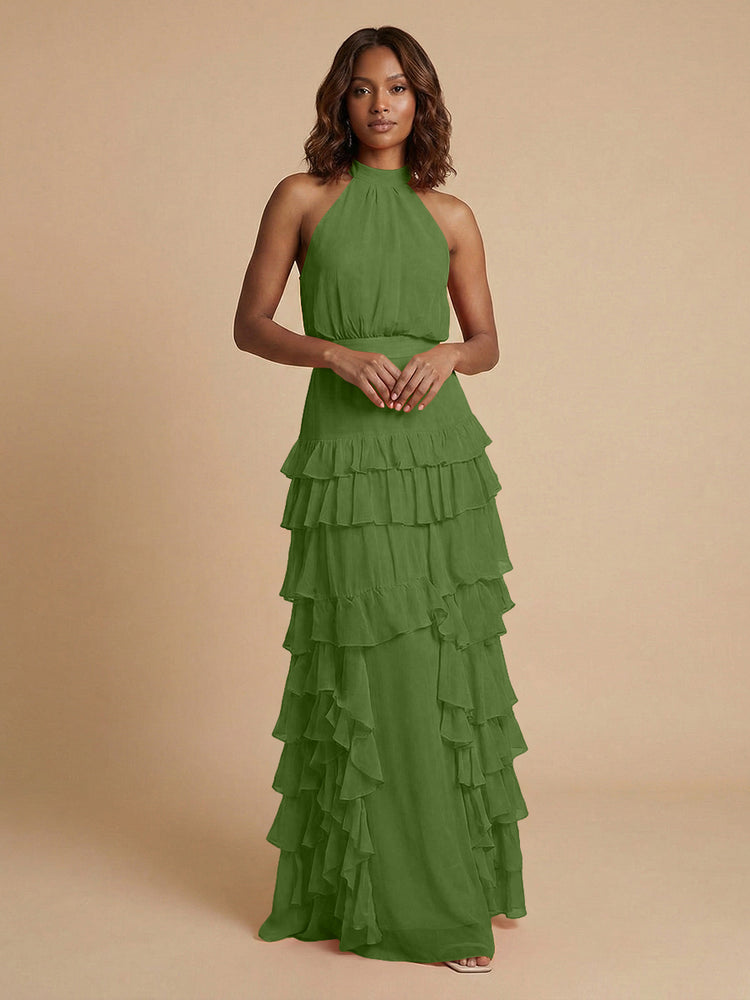 Chiffon A-Line Halter Long Bridesmaid Dresses with Ruffles