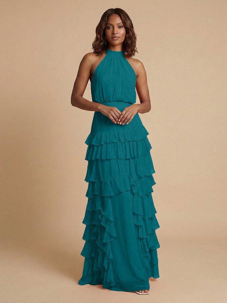 Chiffon A-Line Halter Long Bridesmaid Dresses with Ruffles