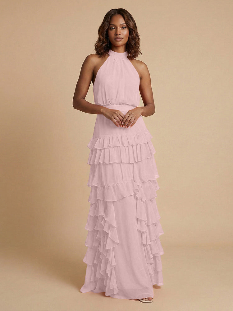 Chiffon A-Line Halter Long Bridesmaid Dresses with Ruffles