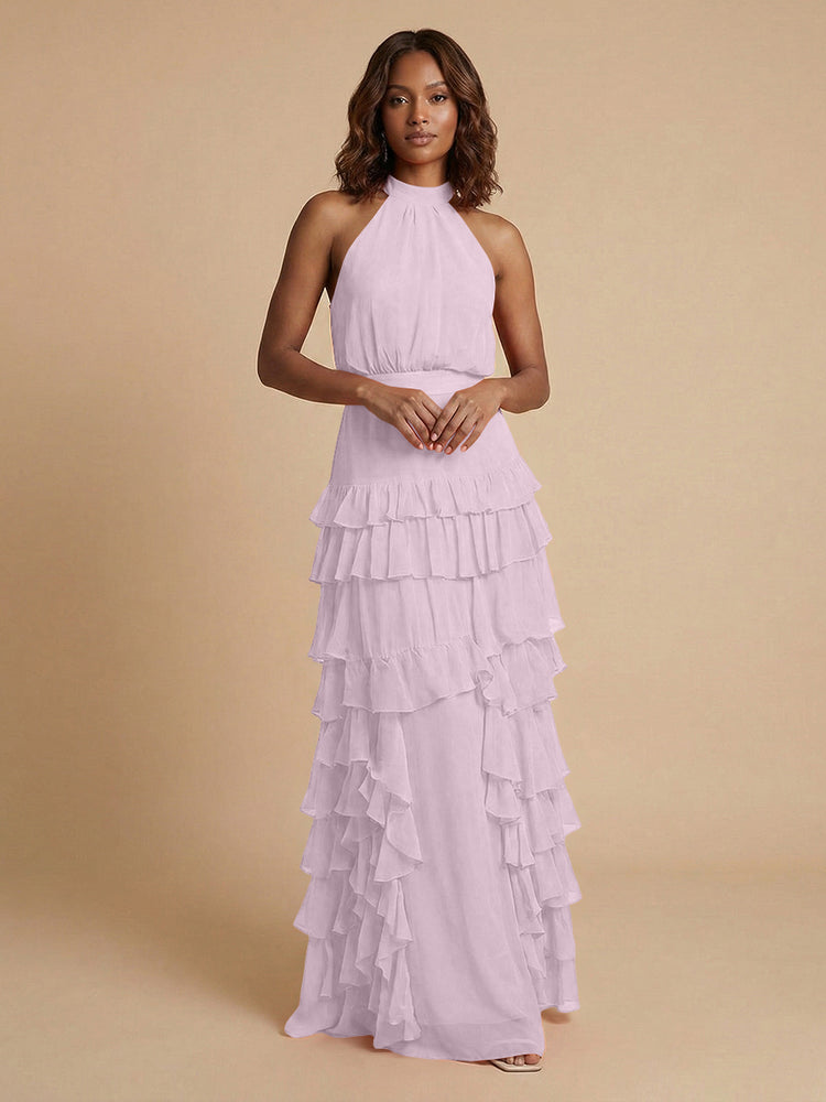 Chiffon A-Line Halter Long Bridesmaid Dresses with Ruffles
