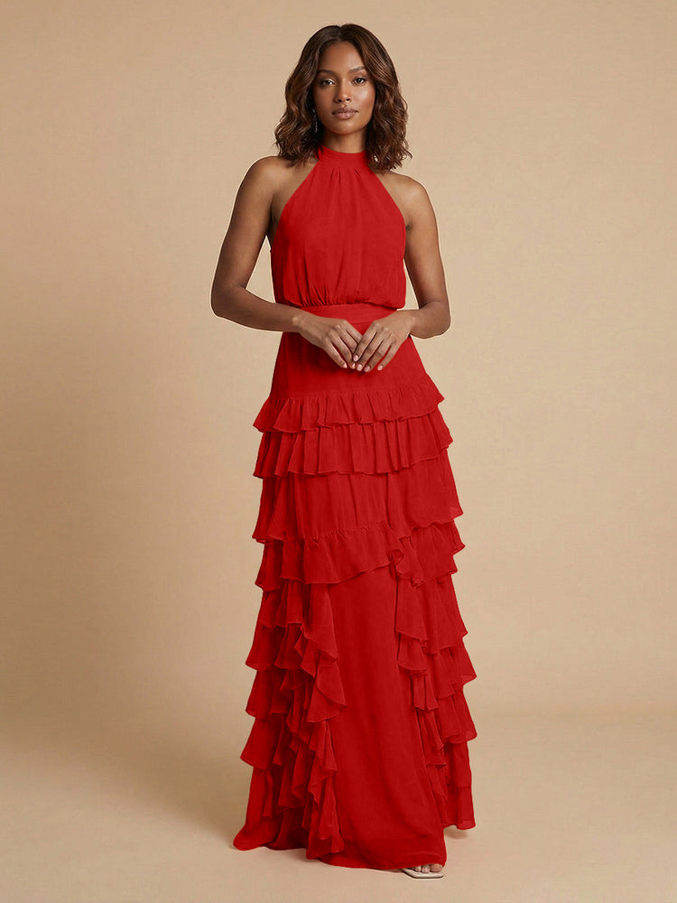 Chiffon A-Line Halter Long Bridesmaid Dresses with Ruffles