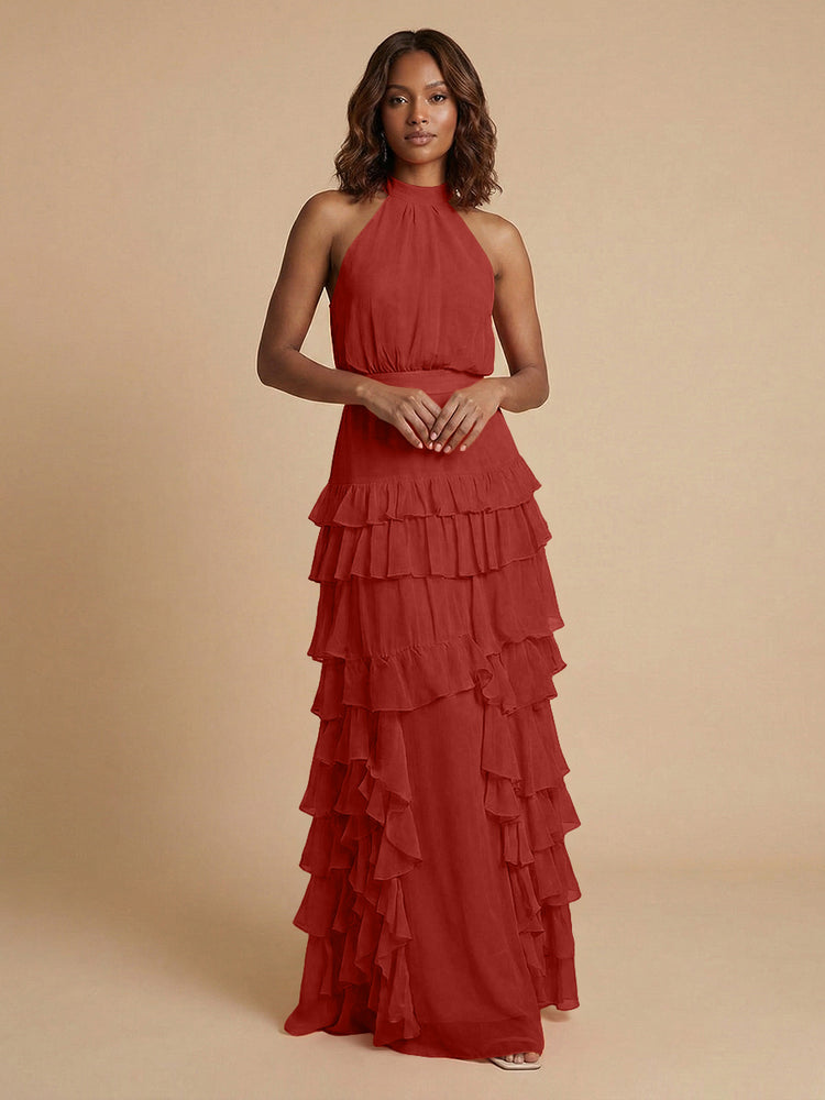 Chiffon A-Line Halter Long Bridesmaid Dresses with Ruffles