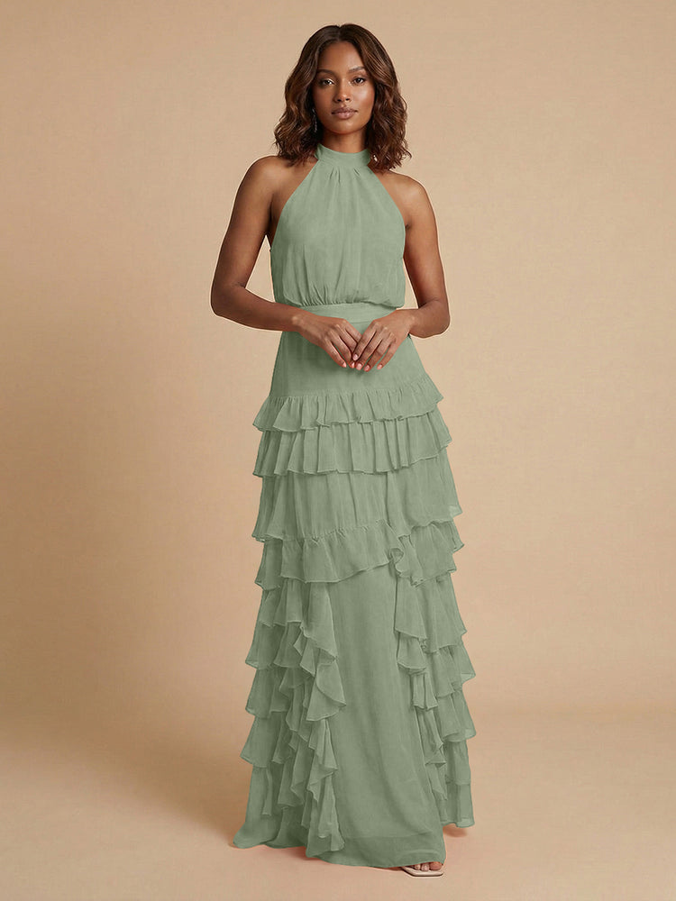 Chiffon A-Line Halter Long Bridesmaid Dresses with Ruffles