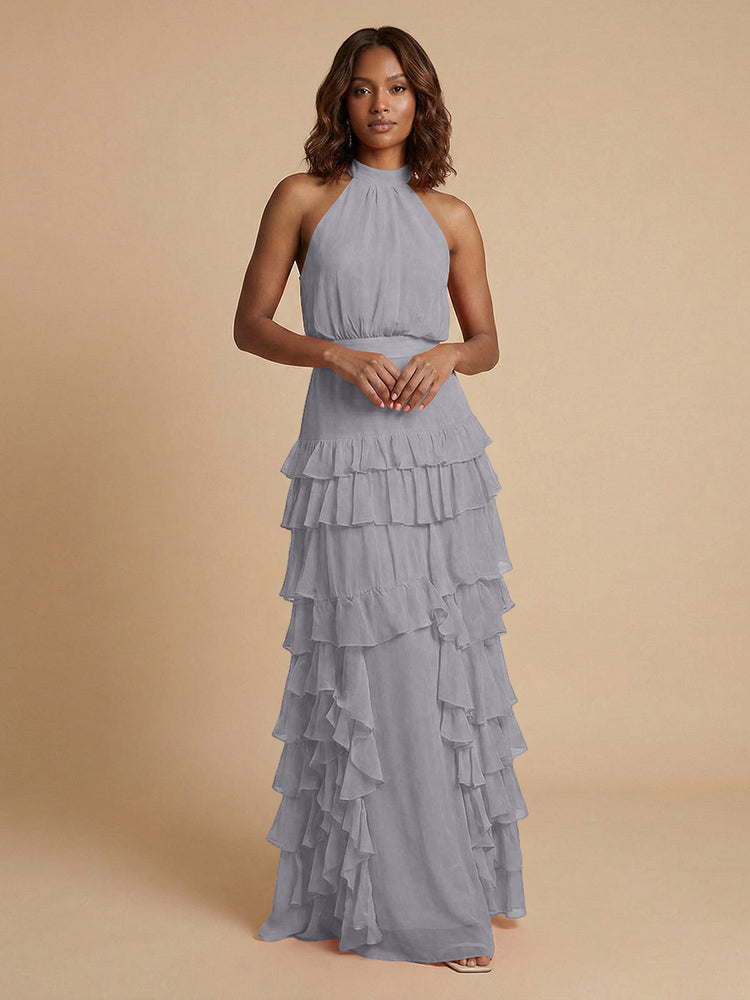 Chiffon A-Line Halter Long Bridesmaid Dresses with Ruffles