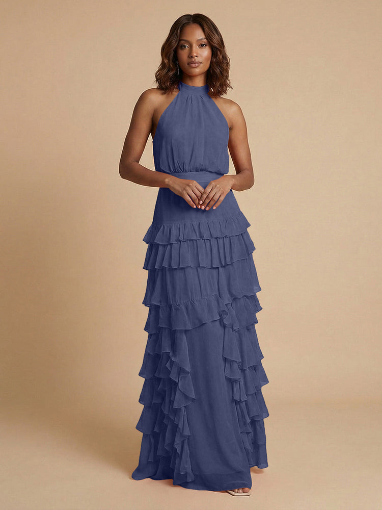 Chiffon A-Line Halter Long Bridesmaid Dresses with Ruffles