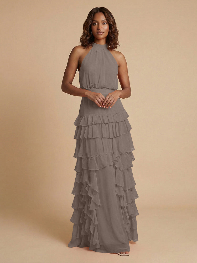 Chiffon A-Line Halter Long Bridesmaid Dresses with Ruffles