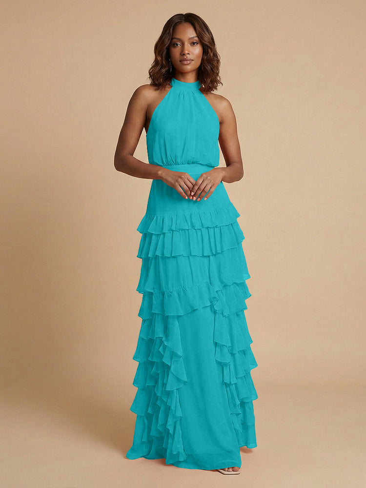 Chiffon A-Line Halter Long Bridesmaid Dresses with Ruffles