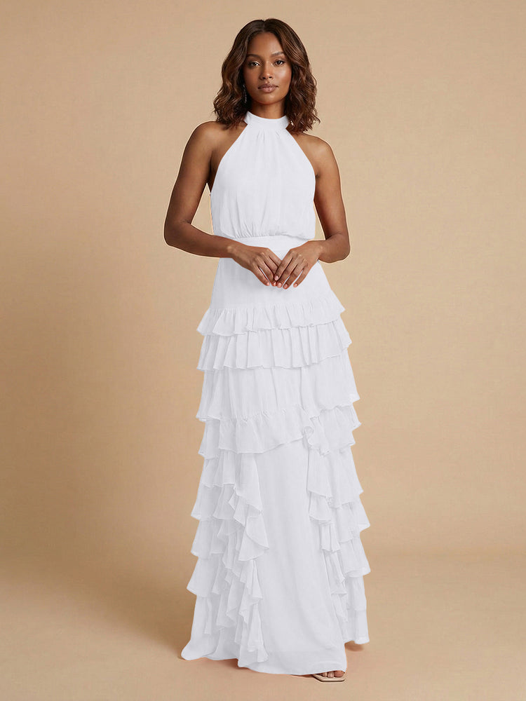 Chiffon A-Line Halter Long Bridesmaid Dresses with Ruffles