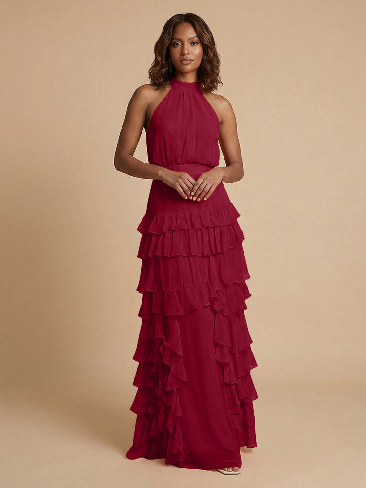Chiffon A-Line Halter Long Bridesmaid Dresses with Ruffles