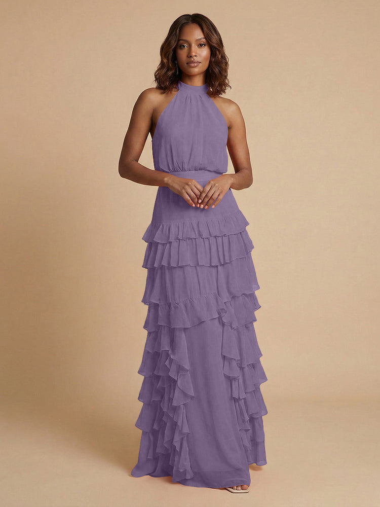 Chiffon A-Line Halter Long Bridesmaid Dresses with Ruffles