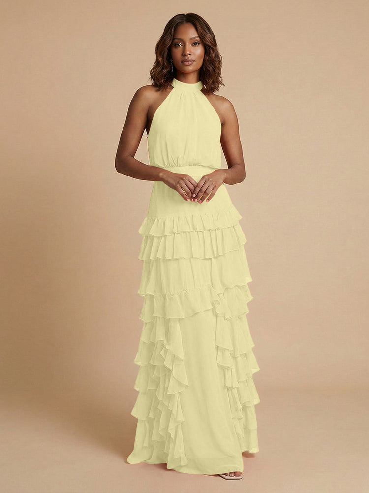 Chiffon A-Line Halter Long Bridesmaid Dresses with Ruffles