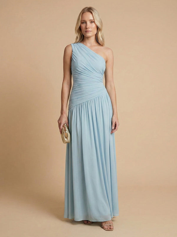 Chiffon A-Line One Shoulder Long Bridesmaid Dresses with Pleated