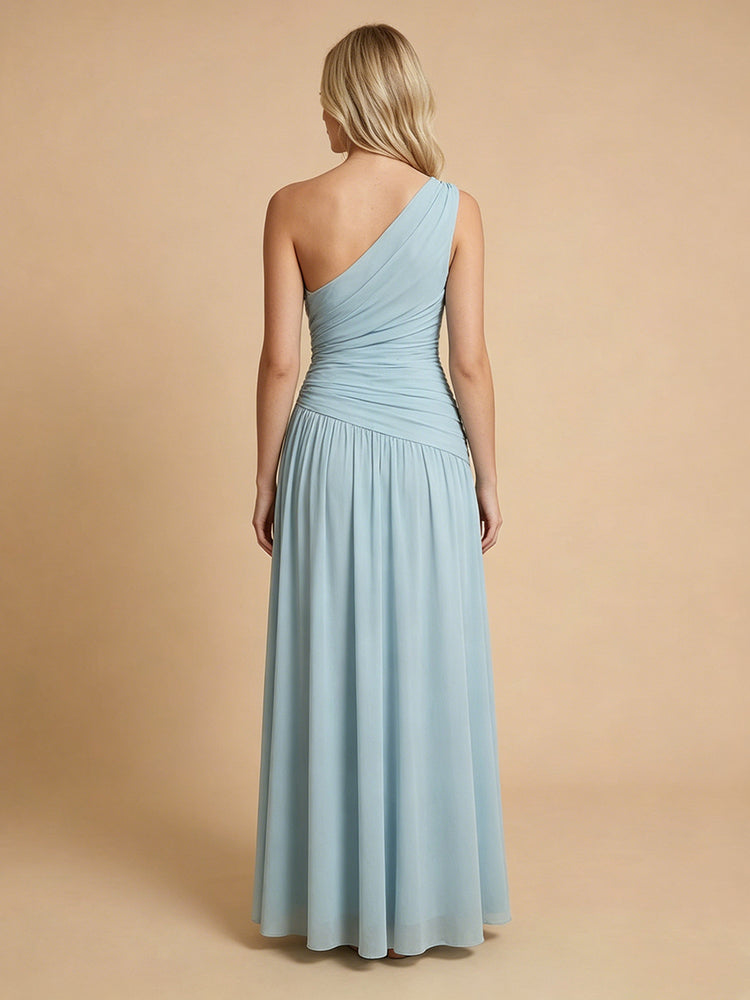 Chiffon A-Line One Shoulder Long Bridesmaid Dresses with Pleated