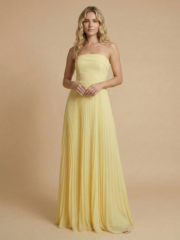 Chiffon A-Line Strapless Long Bridesmaid Dresses with Pleated