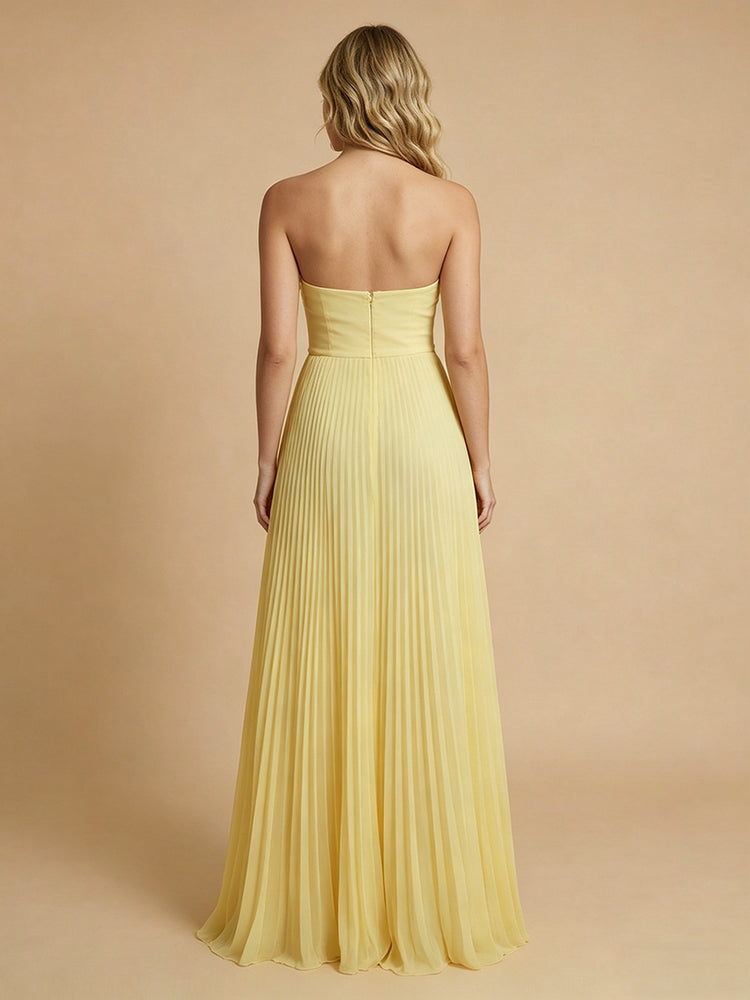 Chiffon A-Line Strapless Long Bridesmaid Dresses with Pleated