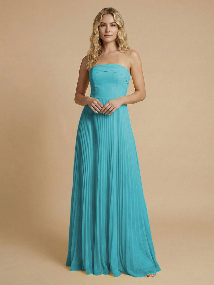 Chiffon A-Line Strapless Long Bridesmaid Dresses with Pleated