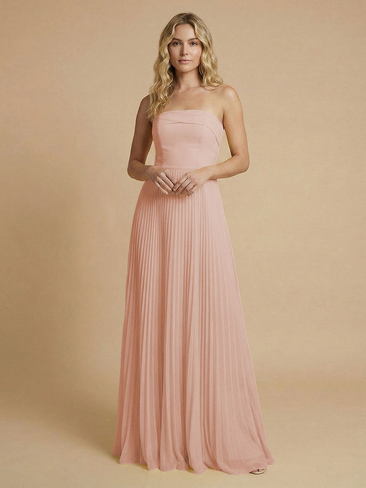 Chiffon A-Line Strapless Long Bridesmaid Dresses with Pleated