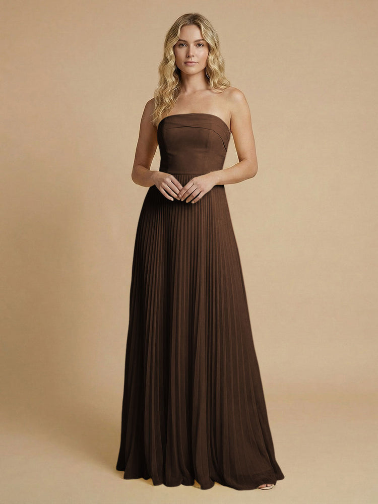 Chiffon A-Line Strapless Long Bridesmaid Dresses with Pleated