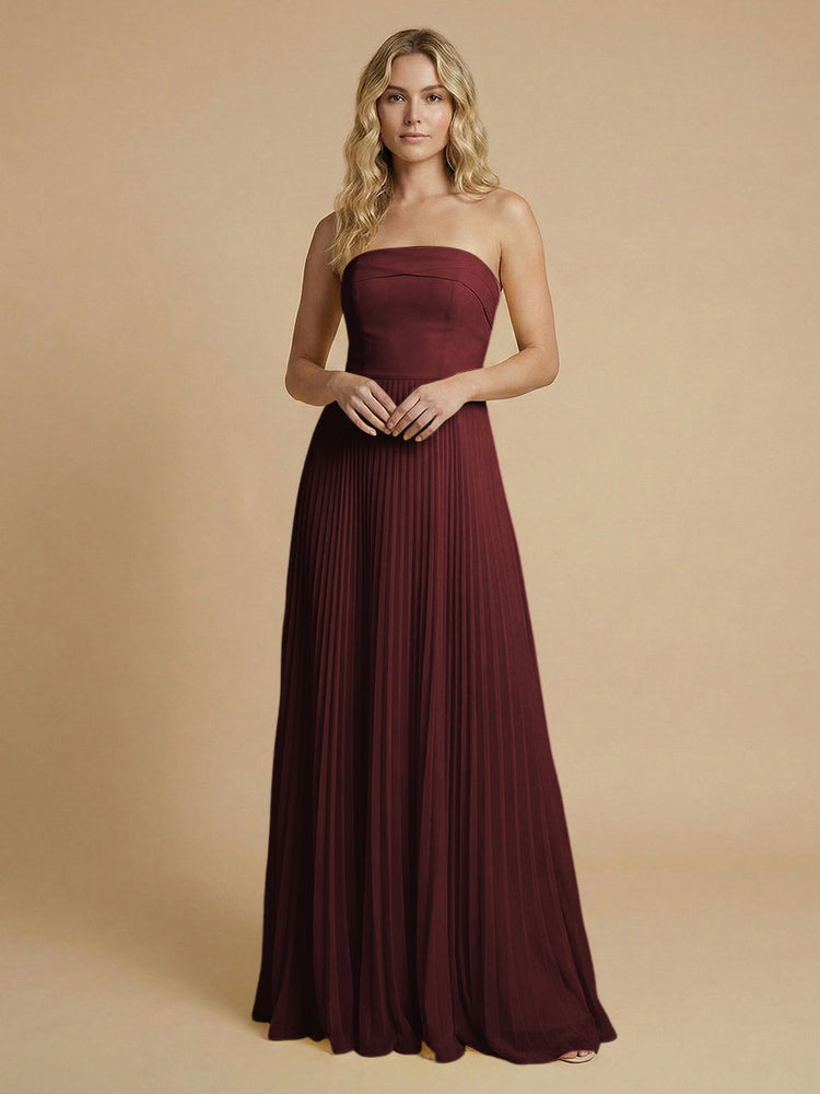 Chiffon A-Line Strapless Long Bridesmaid Dresses with Pleated