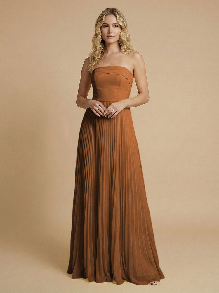 Chiffon A-Line Strapless Long Bridesmaid Dresses with Pleated