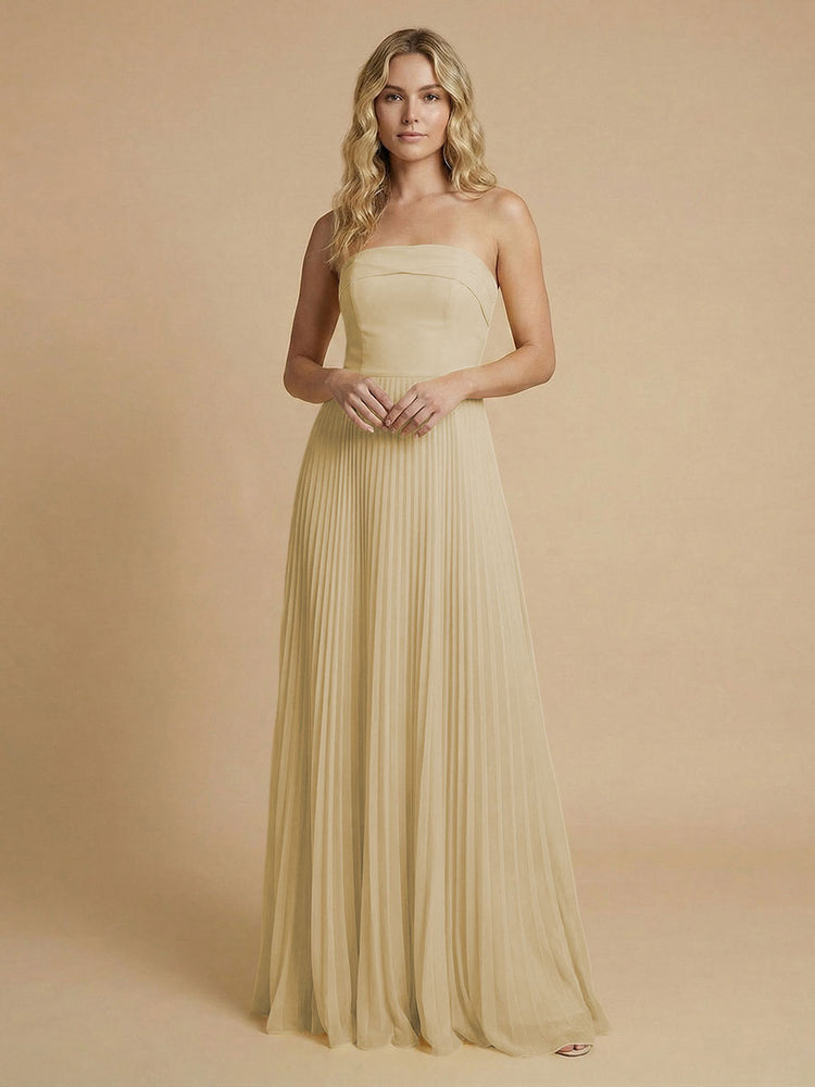 Chiffon A-Line Strapless Long Bridesmaid Dresses with Pleated