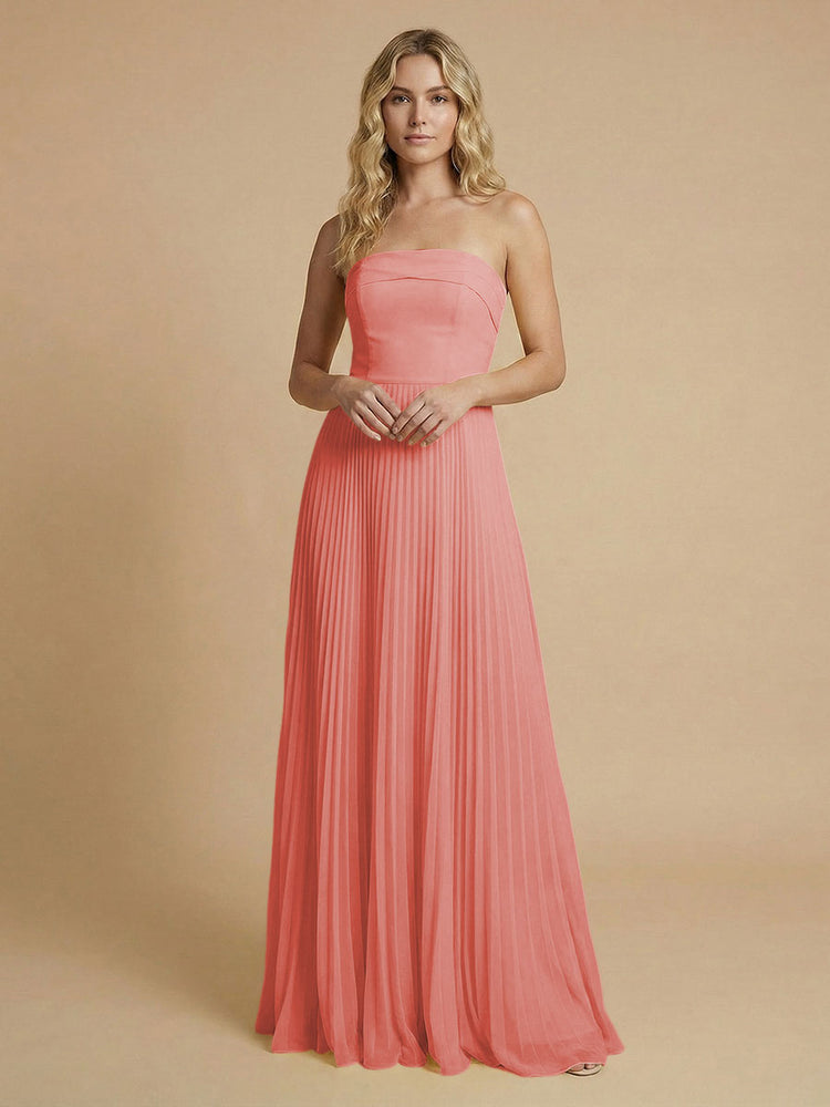 Chiffon A-Line Strapless Long Bridesmaid Dresses with Pleated