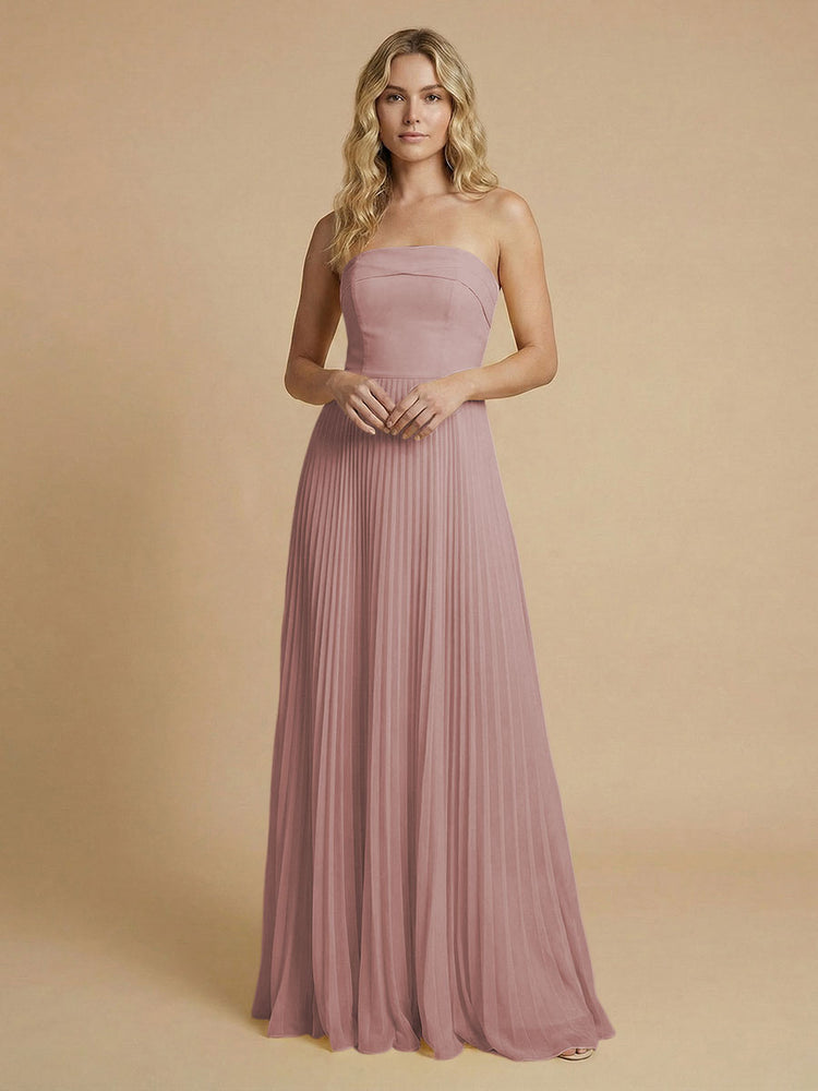 Chiffon A-Line Strapless Long Bridesmaid Dresses with Pleated