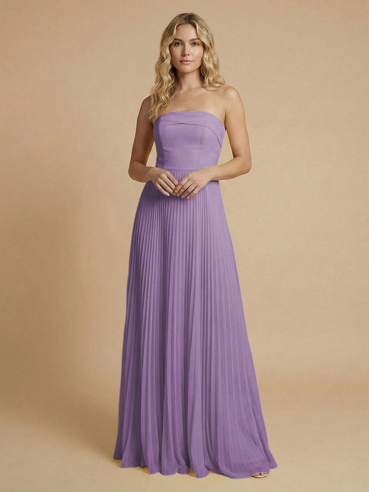 Chiffon A-Line Strapless Long Bridesmaid Dresses with Pleated