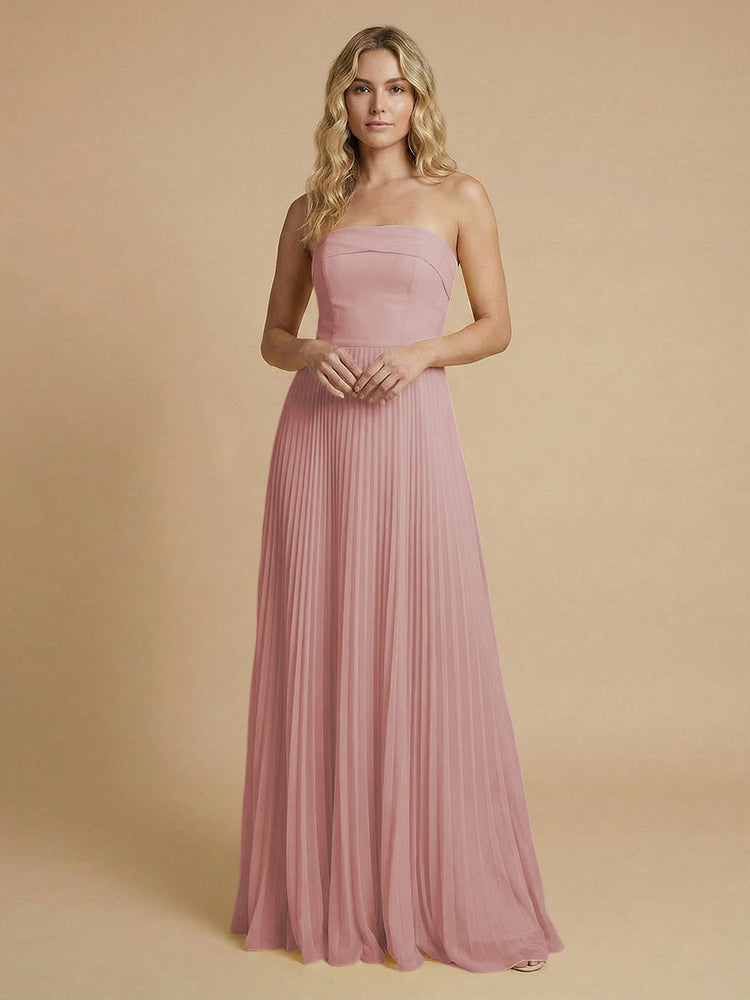 Chiffon A-Line Strapless Long Bridesmaid Dresses with Pleated