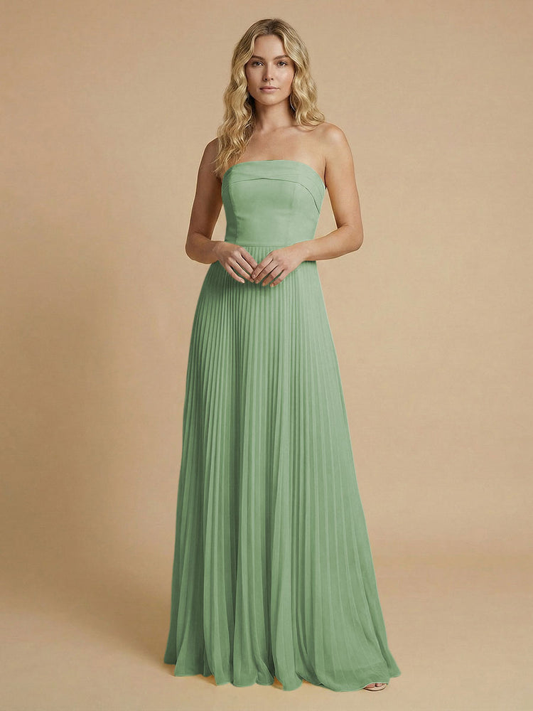 Chiffon A-Line Strapless Long Bridesmaid Dresses with Pleated