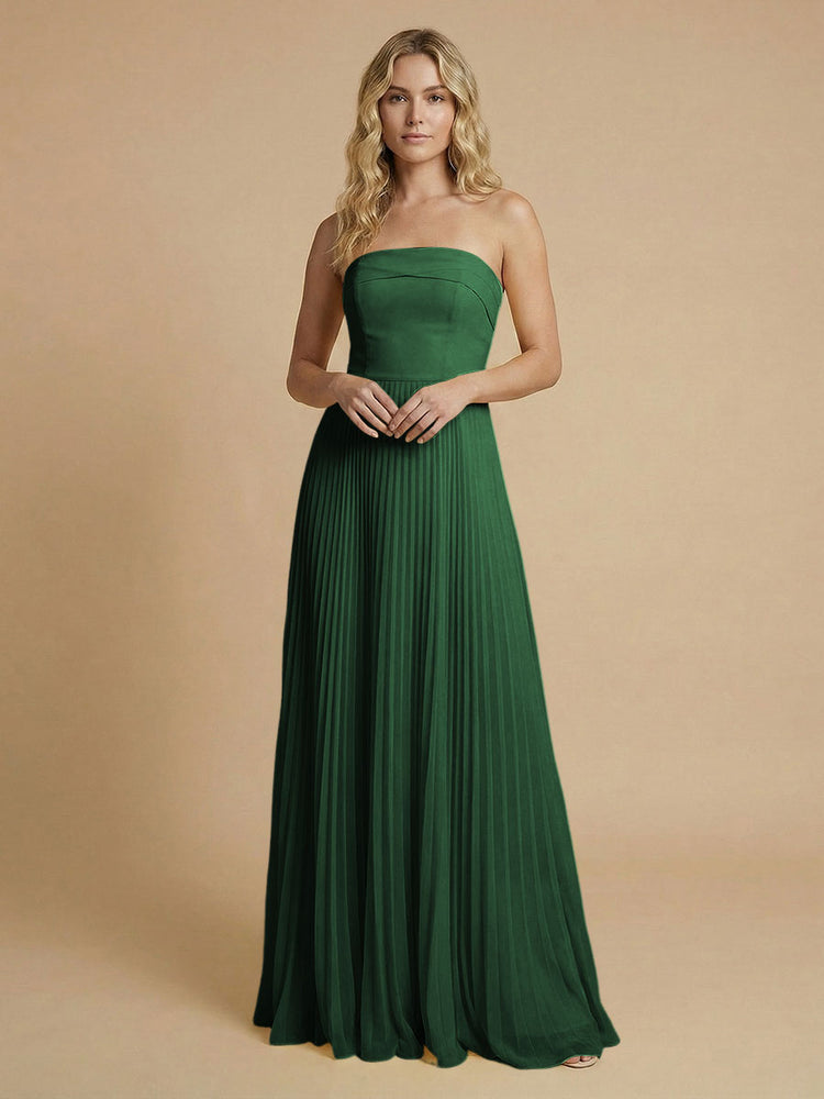 Chiffon A-Line Strapless Long Bridesmaid Dresses with Pleated