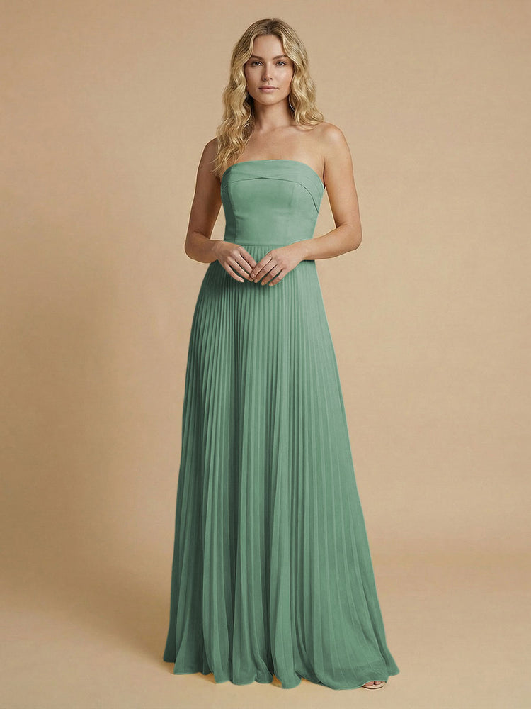 Chiffon A-Line Strapless Long Bridesmaid Dresses with Pleated