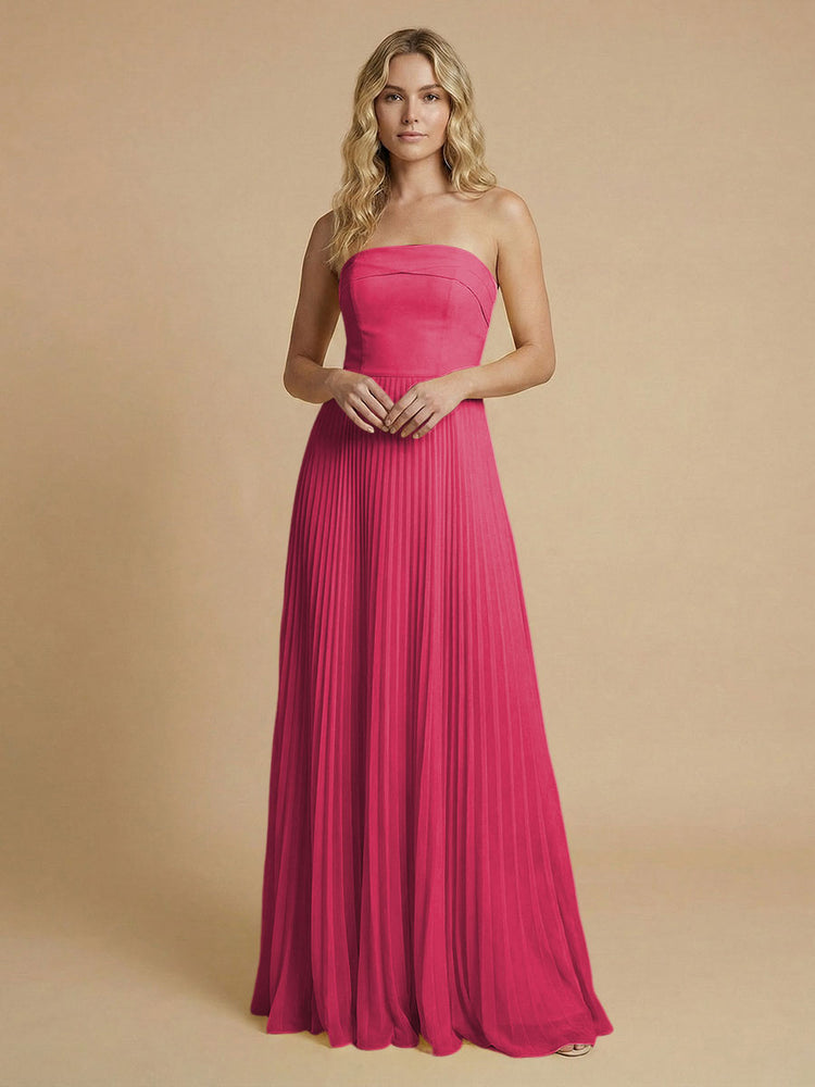 Chiffon A-Line Strapless Long Bridesmaid Dresses with Pleated