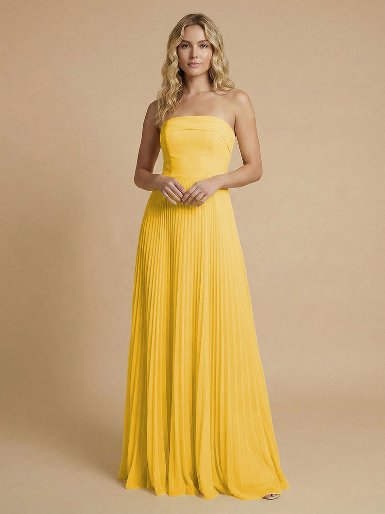 Chiffon A-Line Strapless Long Bridesmaid Dresses with Pleated