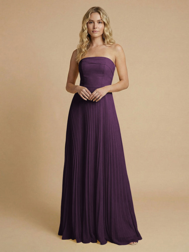 Chiffon A-Line Strapless Long Bridesmaid Dresses with Pleated