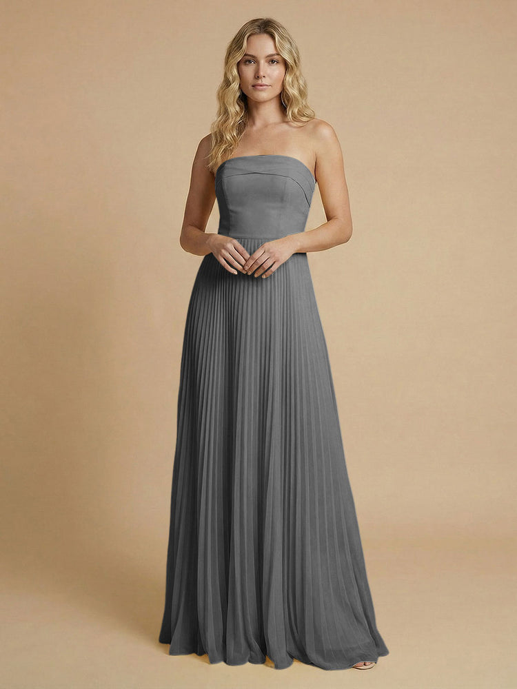 Chiffon A-Line Strapless Long Bridesmaid Dresses with Pleated