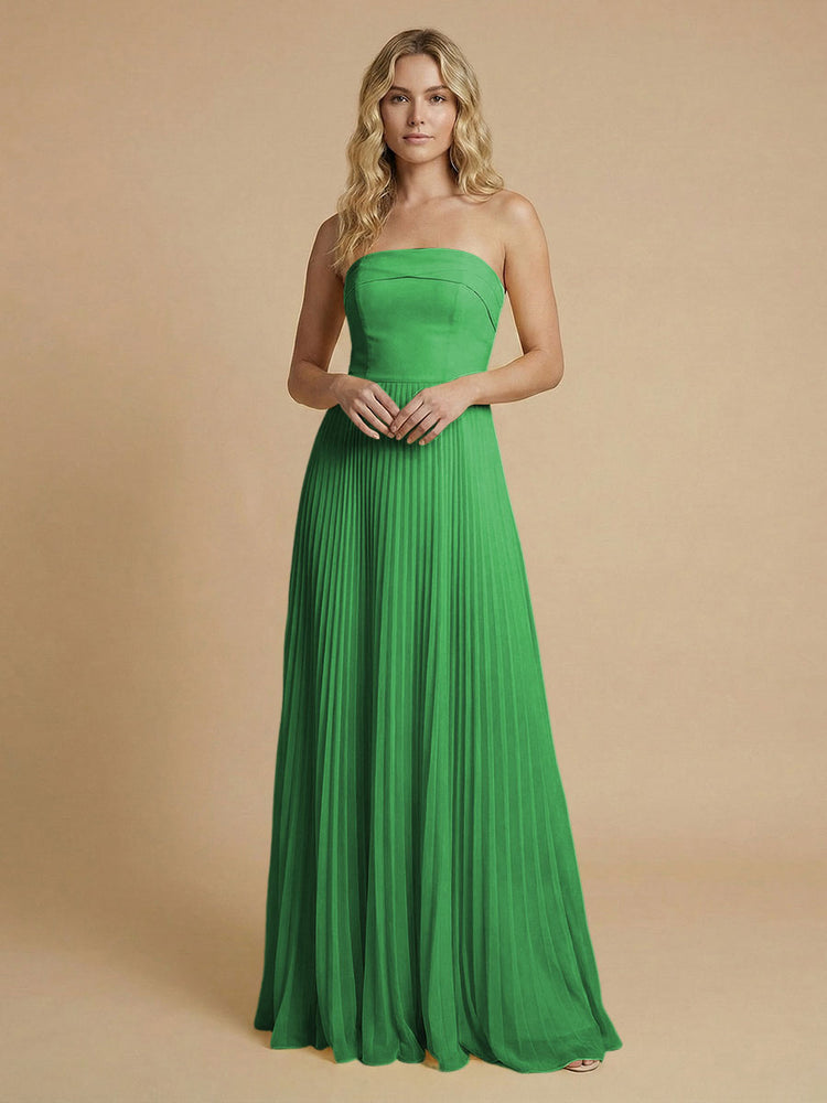 Chiffon A-Line Strapless Long Bridesmaid Dresses with Pleated