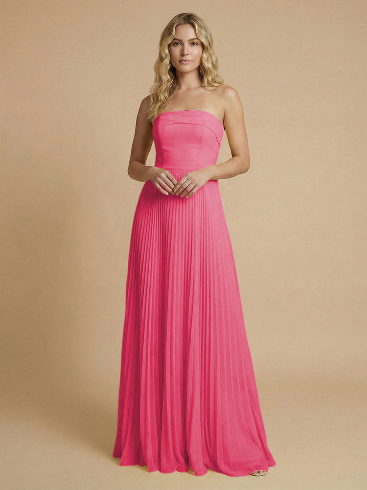 Chiffon A-Line Strapless Long Bridesmaid Dresses with Pleated