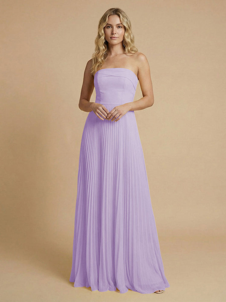 Chiffon A-Line Strapless Long Bridesmaid Dresses with Pleated