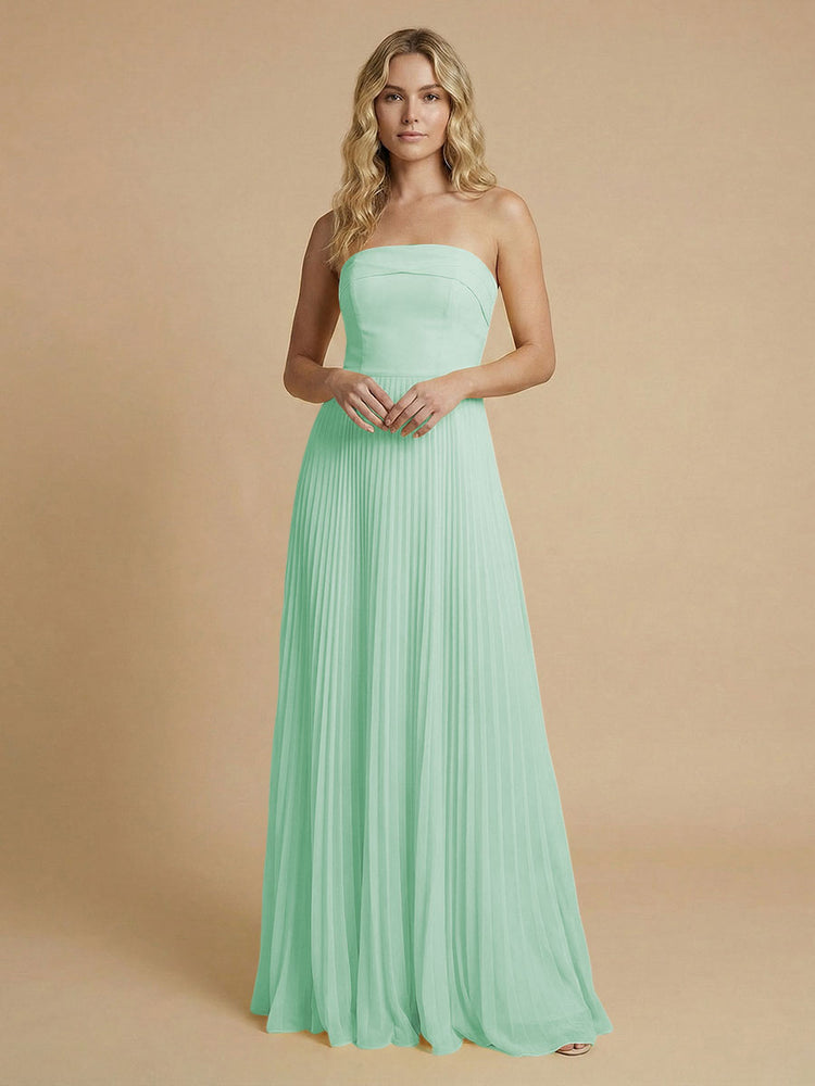Chiffon A-Line Strapless Long Bridesmaid Dresses with Pleated