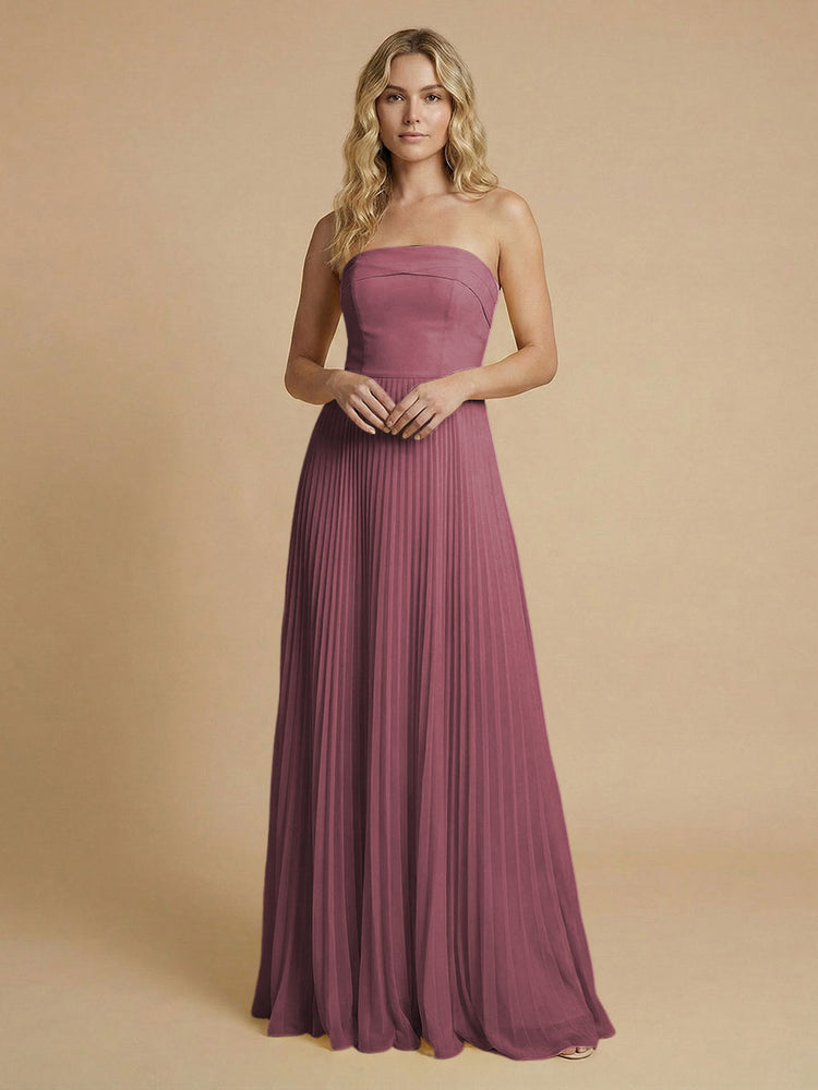 Chiffon A-Line Strapless Long Bridesmaid Dresses with Pleated