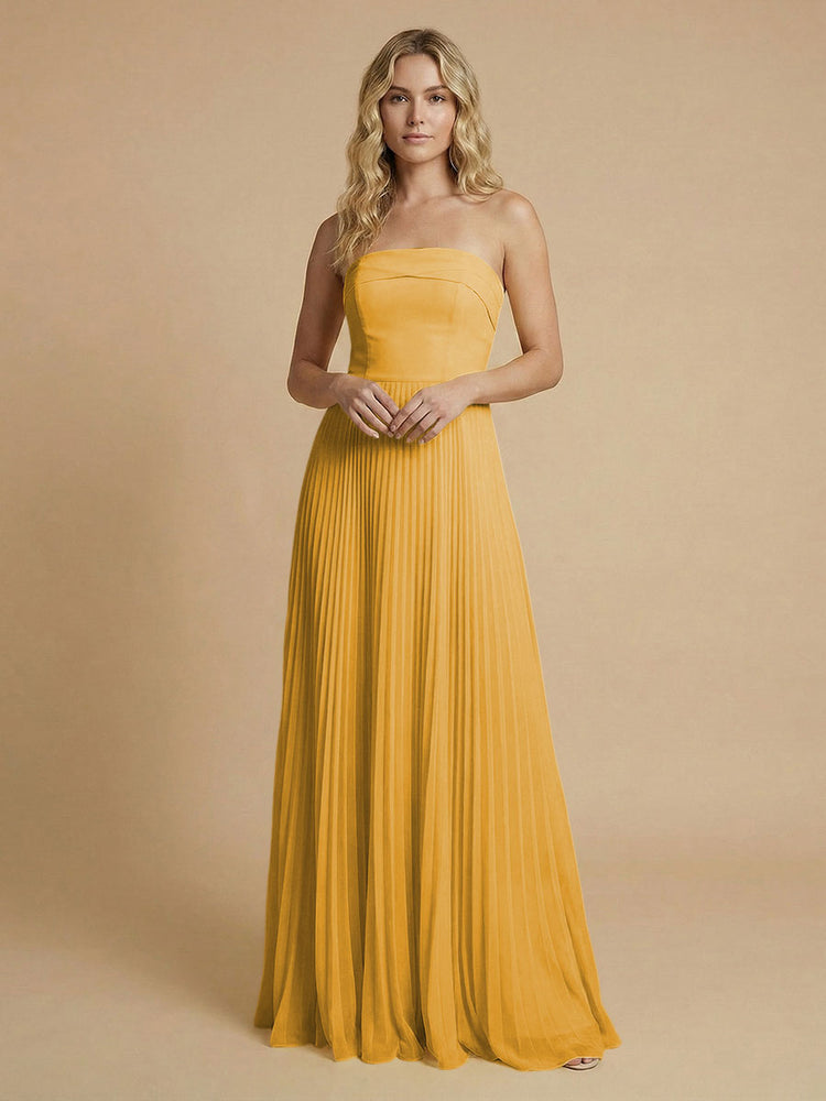 Chiffon A-Line Strapless Long Bridesmaid Dresses with Pleated