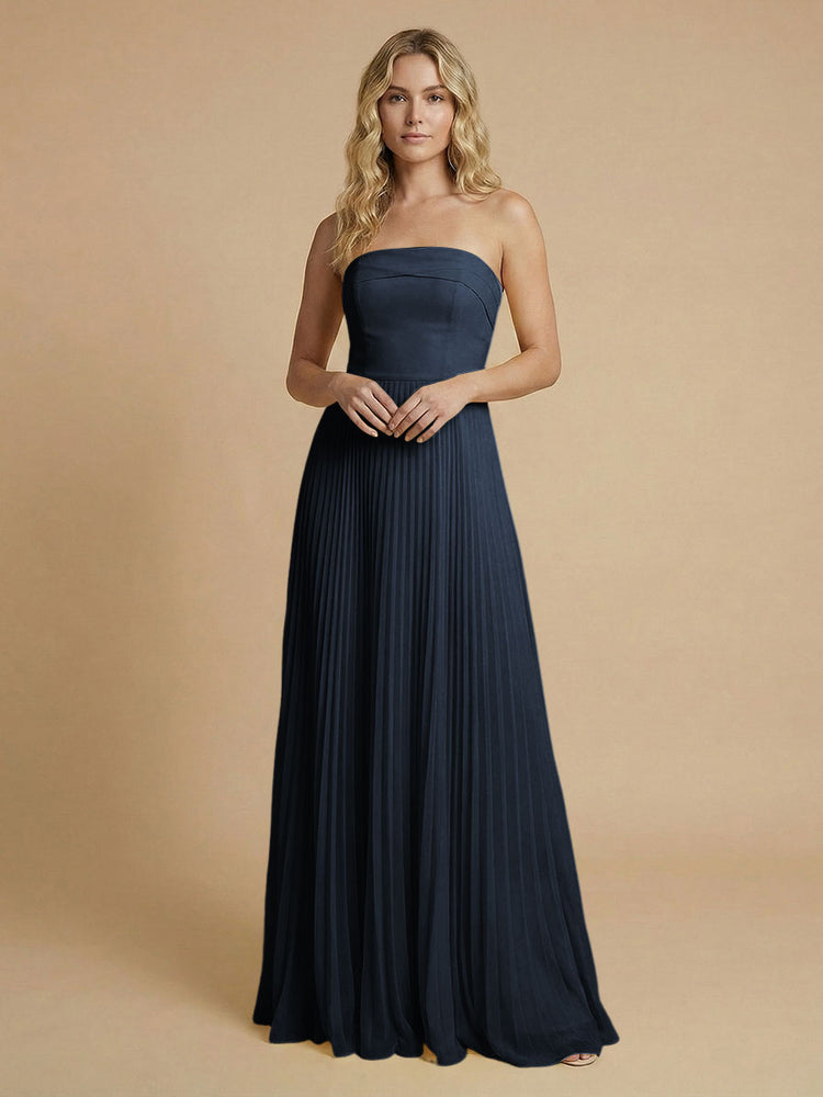 Chiffon A-Line Strapless Long Bridesmaid Dresses with Pleated