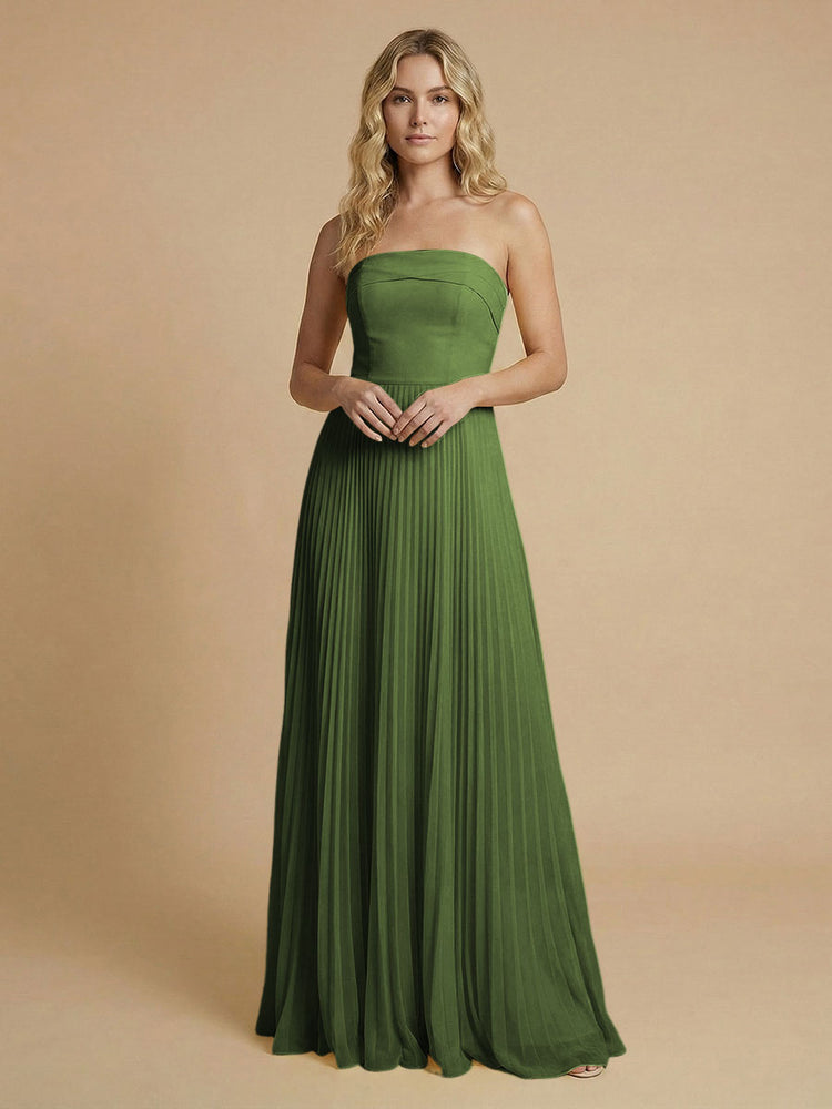 Chiffon A-Line Strapless Long Bridesmaid Dresses with Pleated